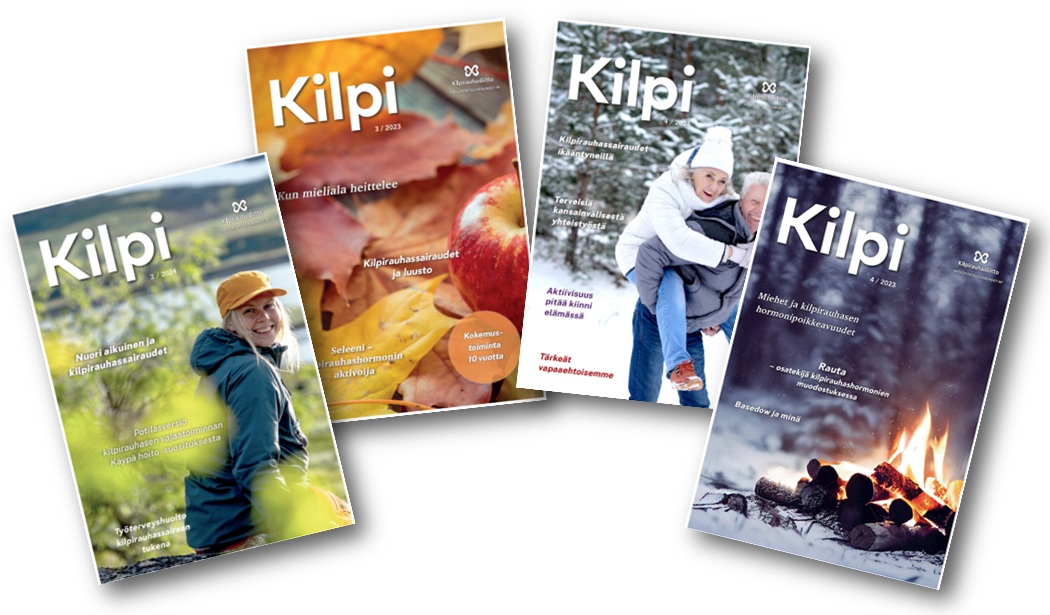 Neljän kansikuvan kollaasi, joissa yhdestä nuori nainen hymyilee keväällä ulkona ollessaan kohti kameraa, toisessa on omena syksyisten lehtien päällä, kolmannessa iäkäs pariskunta, joista nainen on hypännyt miehen reppuselkään ja viimeisessä talvinen kuva metsästä, etualalla palaa nuotio.