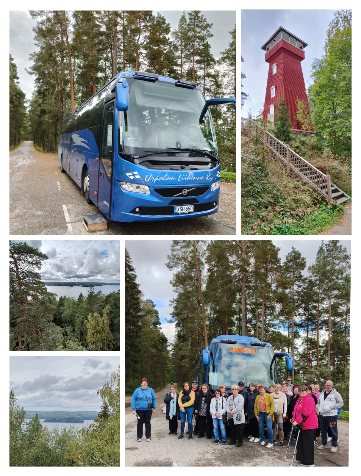 Kuvakollaasi, jossa mm. bussi, maisemia ja ihmisiä,