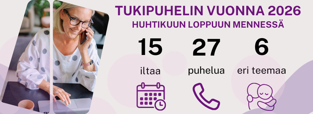 Infograafi tukipuhelimesta huhtikuun 2026 loppuun mennessä: 15 iltaa, 27 puhelua, 6 eri teemaa.