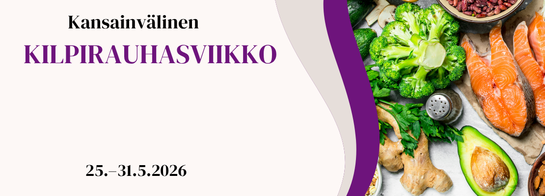 Teksti: Kansainvälinen kilpirauhasviikko ja reunassa kuva terveellisistä ruoka-aineista: parsakaalia, inkivääriä, avokadoa ja lohta.