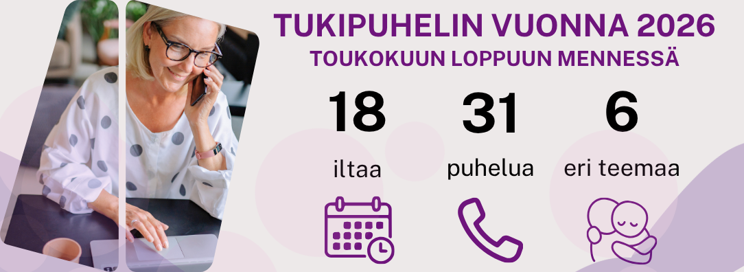 Toukokuun loppuun mennessä ollut 18 tukipuhelin iltaa, joissa 31 puhelua 6 eri teemasta.